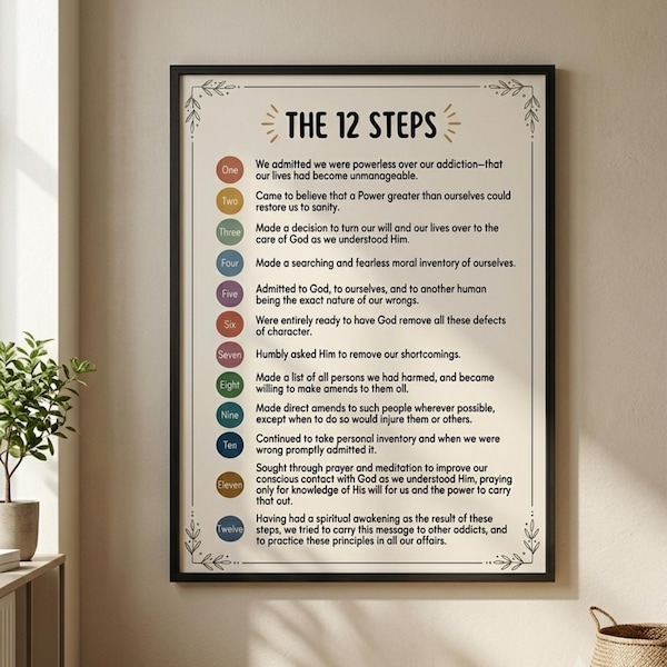 The 12 Steps Print, Sobriety Recovery Wall Art Digital Download, Colorful Circle Poster, Printable AA NA Botanical Border Decor Gift