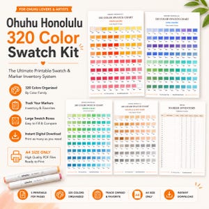 Può includere: Kit di campioni colore Ohuhu Honolulu 320 con cinque pagine A4 stampabili contenenti tabelle per colori caldi, freddi, neutri e tonalità della pelle, oltre a un inventario dei pennarelli. Due pennarelli Ohuhu bianchi sono visibili in basso a sinistra.