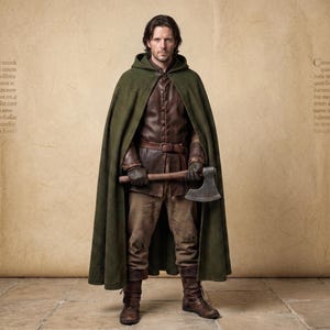 May include: A dark olive green hooded cloak worn over a brown leather tunic with a matching belt, brown trousers, and dark brown leather boots. The outfit includes dark leather gloves and a metal axe with a wooden handle held in both hands.