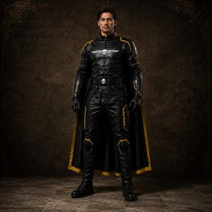 May include: A black leather costume featuring a jacket with a white skull emblem on the chest, matching trousers, and a cape with gold trim. The outfit includes a belt with a skull buckle, black gloves, and protective padding on the shoulders and knees.