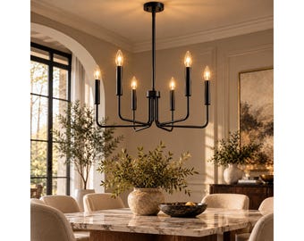 Chandelier, 6-Light Matte Black Metal Modern Ceiling Light Fixture
