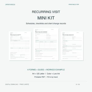 Op de afbeelding: Een digitale printbare PDF-minikit genaamd Recurring Visit Mini Kit, met schema's, checklists en klantwijzigingslogboeken. De set bevat vier formulieren, een handleiding en een ingevuld voorbeeld voor handmatig invullen.