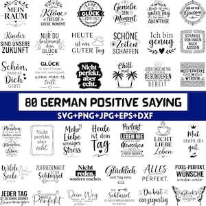 Op de afbeelding: Een digitale collectie van 80 positieve Duitse spreuken gepresenteerd in zwarte tekst op een witte achtergrond. De afbeelding bevat diverse typografische ontwerpen, zinnen en iconen zoals hartjes, sterren, palmbomen en sleutels, geformatteerd voor SVG, PNG, JPG, EPS en DXF bestanden.