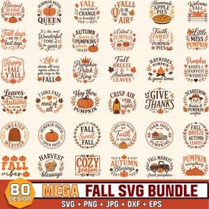 May include: A collection of 80 fall-themed graphic designs featuring pumpkins, autumn leaves, and seasonal text such as Pumpkin Patch Queen, Fall is in the Air, and Give Thanks. The designs use orange, brown, and black colors on a cream background.