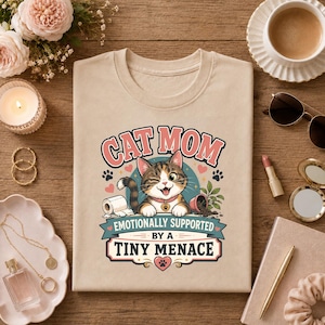 Shirt kattenmoeder, T-shirt Tiny Menace, grappig cadeau huisdierliefhebber, emotioneel ondersteund T-shirt katten