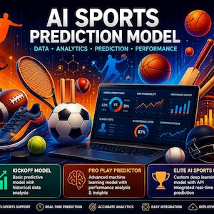 Peut inclure: Un ordinateur portable affichant un tableau de bord de prédiction sportive par IA entouré d'équipements sportifs comme un ballon de football, un ballon de rugby, une raquette de tennis et une batte de cricket. Texte : AI SPORTS PREDICTION MODEL, KICKOFF MODEL, PRO PLAY PREDICTOR, ELITE AI SPORTS ENGINE.