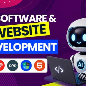 Puede incluir: Un robot blanco con ojos azules brillantes y un emblema de IA en el pecho escribe en una computadora portátil negra. El fondo muestra el texto AI SOFTWARE & WEBSITE DEVELOPMENT y una fila de iconos circulares de Laravel, PHP, UX y HTML5.