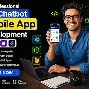 Puede incluir: Un gráfico promocional para servicios de desarrollo de aplicaciones móviles de chatbot con IA. El texto dice Professional AI Chatbot Mobile App Development, Order Now, y enumera características como AI Chatbot Integration y Fast & Secure Performance.