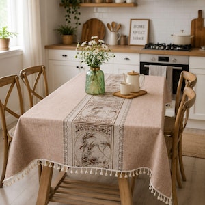 Linen Cotton Rectangular  Tablecloth with Tassels, Botanical Table Runner Style, Wedding Tabletop, Farmhouse Dining Decor, Housewarming Gift