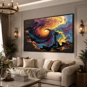 May include: A large rectangular wall art piece featuring a swirling abstract design with vibrant colors including gold, deep blue, purple, and black. The composition resembles a cosmic nebula or liquid paint effect with a textured, cracked surface.