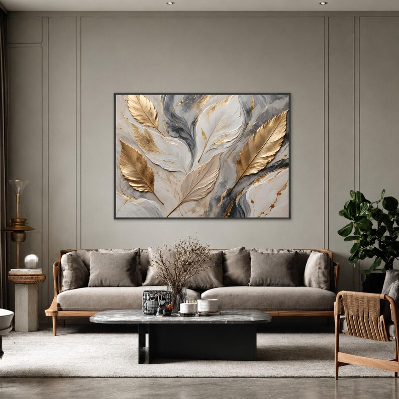 Elegant Gold Leaf Canvas Print, Modern Wall Art for Living Room or ...