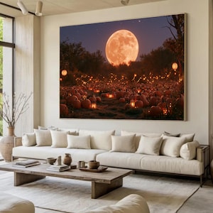 May include: A large rectangular wall art print featuring a night scene of a pumpkin patch under a glowing orange full moon. The landscape is filled with numerous pumpkins and small illuminated lanterns scattered among dark trees and foliage.