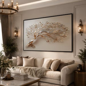Abstract Tree Of Life Canvas Print, Botanical Wall Art, Neutral Beige Gold Framed Decor, Modern Living Room Nature Artwork