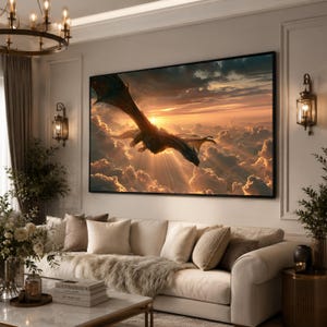 Draak canvasafdruk kunst aan de muur, Fantasy Sky Art Print, dramatische zonsondergang wolk decor voor woonkamer, slaapkamer, kantoor