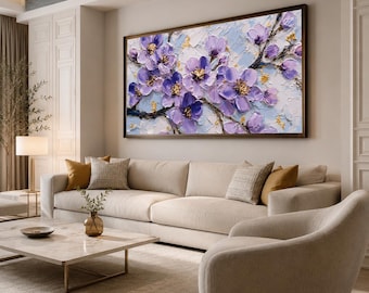 Estampado texturizado de flores de cerezo, lienzo floral lavanda, decoración cottagecore en tonos pastel.