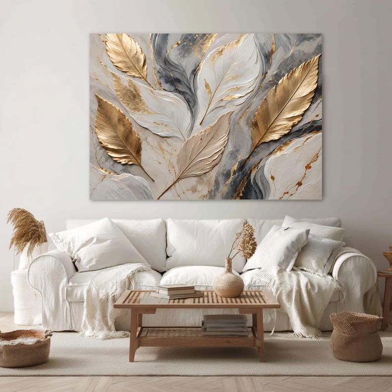 Elegant Gold Leaf Canvas Print, Modern Wall Art for Living Room or ...