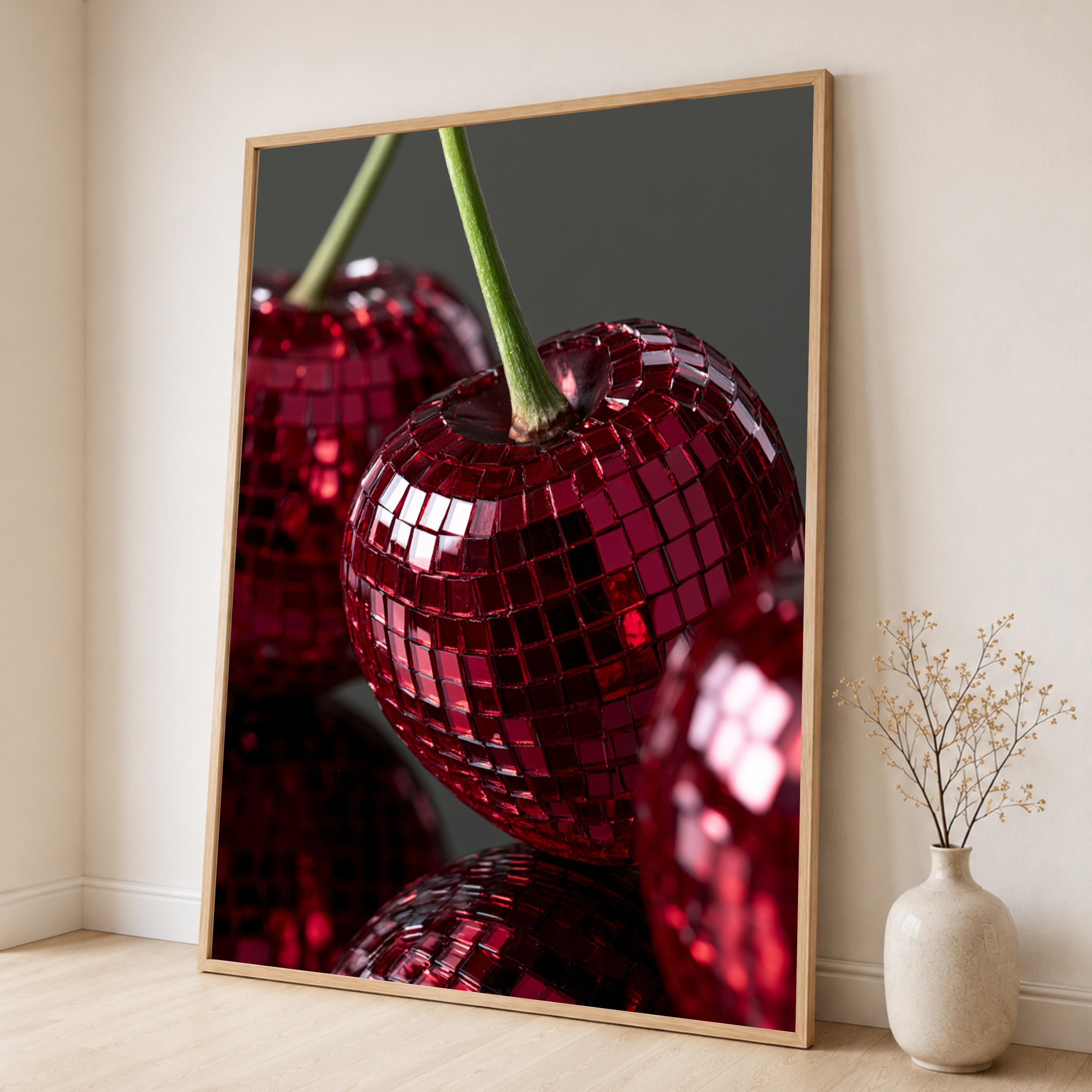 Disco Cherry Canvas Print, Red Fruit Pop Art Poster, Glossy Still Life Artwork