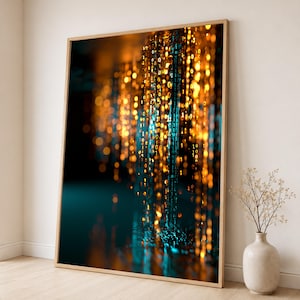May include: A framed vertical wall art print featuring a digital abstract composition of cascading binary code in shades of glowing amber, gold, and deep teal. The artwork displays vertical streams of ones and zeros with a bokeh light effect.