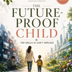 May include: A book cover titled The Future-Proof Child: The Skills AI Can't Replace, featuring an adult and child walking toward a futuristic city. The cover includes the Tentram Hati logo, a parenting guide badge for ages 3-12, and seven skill icons.