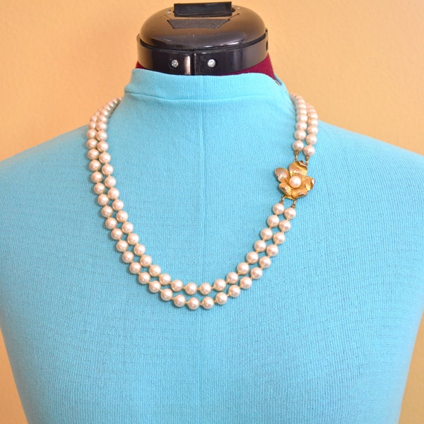 1950s Vintage Alice Caviness Simulated Pearl Two Strand Necklace with Floral Clasp - signed