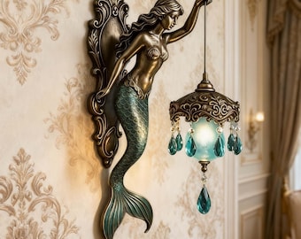 Vintage Mermaid Wall Sconce,Antique Resin Mermaid Light with Crystal Droplets,Mythological Nautical Wall Decor,Victorian Gothic Vanity Lamp