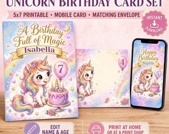 編集可能なユニコーンバースデーカード、名前と年齢をパーソナライズ、印刷可能な5x7サイズ、モバイルグリーティングカードと封筒付き