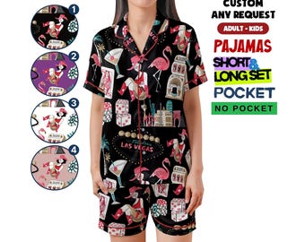 Las Vegas Skyline Satin Pajama Set for Kid & Adult, Nevada Print Sleepwear