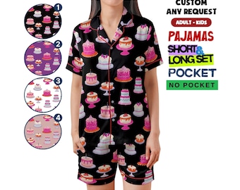 Satin Cake Print Pajama Set for Kid & Adult, Family Matching Sleepwear