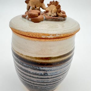 May include: A ceramic jar with a lid, featuring a Stegosaurus dinosaur design. The jar has a cream-colored top and a brown and blue striped base. The lid is adorned with two small dinosaur figures.