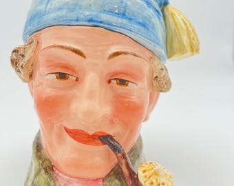 1910s Antique Majolica Toby Figural with Pipe, Tobacco Jar, Lidded Humidor JOLLY FACE! Stamped