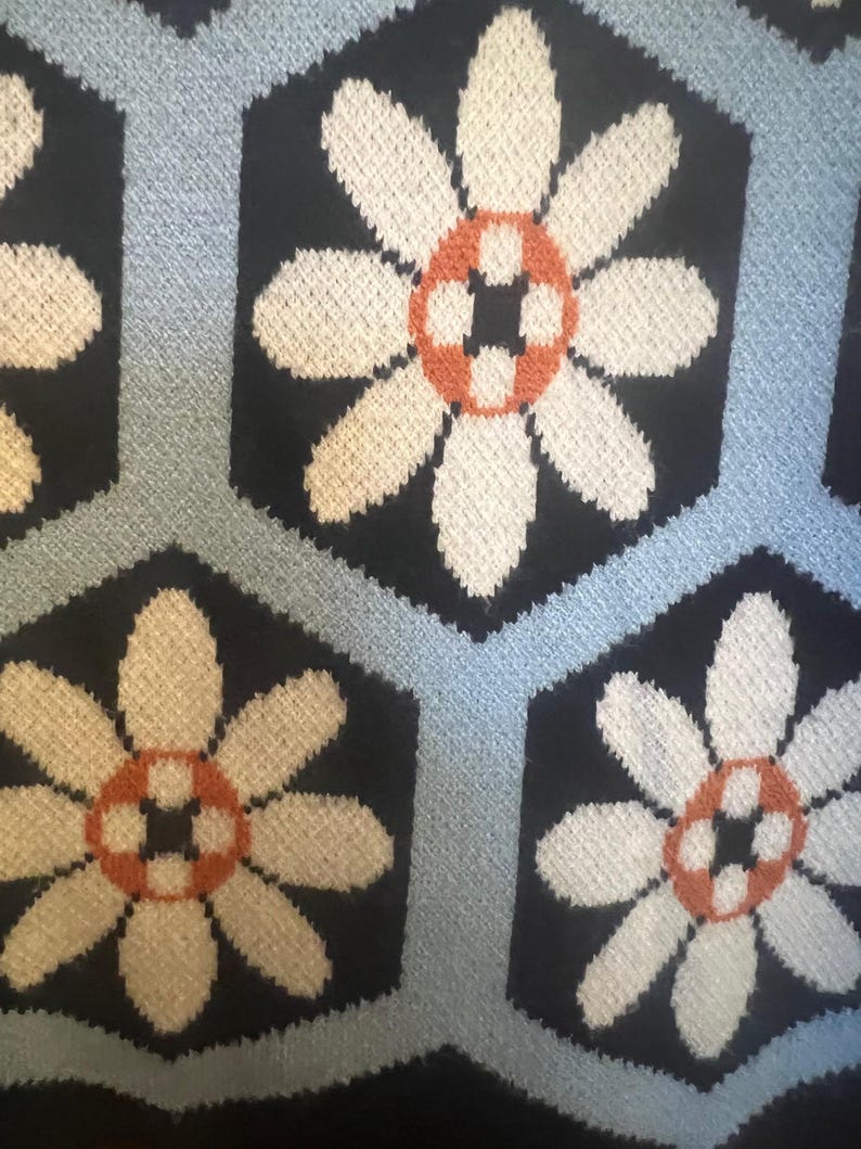 May include: Close-up of a knitted fabric with a repeating floral pattern. The flowers have white petals and orange and white centers, set against a black hexagonal background. Light blue lines separate the hexagons.