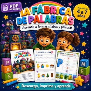 May include: A digital educational activity set titled La Fábrica de Palabras featuring a colorful factory illustration, two children, and printable worksheets for learning syllables and words, decorated with stars and lettered blocks.