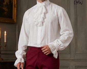 18th Century Ruffled Shirt | White Colonial Cotton Shirt, Georgian Regency Shirt with Cravat, Revolutionary War Costume