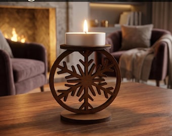 Portavelas de madera con forma de copo de nieve cortado con láser (archivos SVG/digitales)