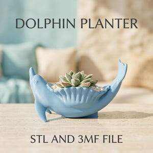 Può includere: Un vaso a forma di delfino di colore azzurro con superficie testurizzata, contenente una piccola pianta succulenta verde adagiata su ghiaia bianca. Il testo DOLPHIN PLANTER e STL AND 3MF FILE è stampato in grigio scuro intorno.