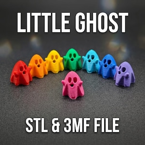May include: A collection of eight small, 3D-printed ghost figurines in red, orange, yellow, green, light blue, dark blue, purple, and pink. The text LITTLE GHOST STL & 3MF FILE is displayed in white above and below the colorful ghost figures.
