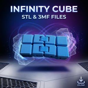 Peut inclure: Un cube infini bleu composé de plusieurs segments carrés articulés. Le texte INFINITY CUBE STL & 3MF FILES est affiché au-dessus de l'objet. Une icône de téléchargement avec le texte STL/3MF se trouve dans le coin inférieur droit.