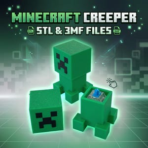 May include: Green Minecraft Creeper-shaped mechanical keyboard keycaps with black pixelated faces. The set includes STL and 3MF files for 3D printing. One keycap is shown with a blue mechanical switch visible inside the hollow square base.