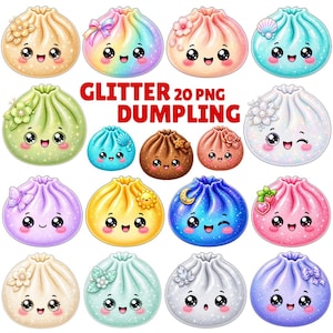 May include: A collection of twenty glittery dumpling illustrations featuring various colours, sparkling textures, and cute faces. Each dumpling is adorned with unique decorative elements like flowers, bows, shells, stars, and moons. The text GLITTER 20 PNG DUMPLING is centred.