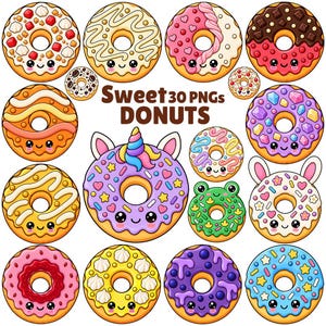 Puede incluir: Una colección de 30 ilustraciones de rosquillas de dibujos animados con caras sonrientes, varios glaseados coloridos, chispas y coberturas, incluida una rosquilla de unicornio central, con el texto Sweet 30 PNGs DONUTS en el centro.