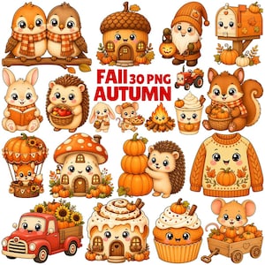 May include: A collection of 30 digital illustrations featuring autumn-themed characters and objects, including birds, hedgehogs, squirrels, mice, gnomes, pumpkins, a red truck, a sweater, and a mushroom house, with the text FALL 30 PNG AUTUMN.