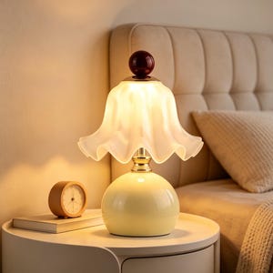 Cream-colored ceramic tulip table lamp, frosted glass flower lampshade night light, vintage French bedside lamp, romantic housewarming gift.