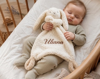 Gepersonaliseerde baby Lovey deken, aangepaste naam konijn dekbed, geborduurde pluche dieren veiligheidsdeken, pasgeboren babyshower cadeau