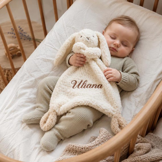 Personalised Baby Lovey Blanket, Custom Name Bunny Comforter, Embroidered Plush Animal Security Blanket, Newborn Baby Shower Gift