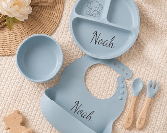 Set de alimentación para bebé personalizado con nombre, set de destete de silicona grabado, plato, cuenco y babero personalizados para bebé, juego de cena para niños pequeños, regalo para baby shower