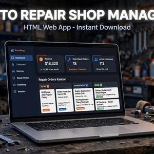 Puede incluir: Un portátil que muestra el panel de control de la aplicación web HTML Auto Repair Shop Manager. La pantalla presenta ingresos, órdenes de reparación abiertas, clientes activos y un tablero kanban con tareas de mantenimiento.