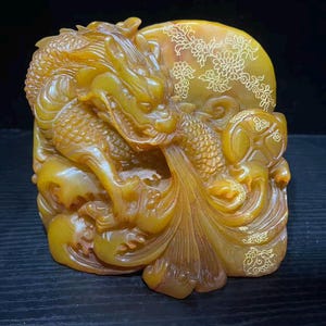 May include: A translucent amber-colored stone carving featuring a detailed dragon with scales and flowing whiskers. The sculpture includes engraved floral patterns on a circular background and a circular coin-like element, all rendered in relief.