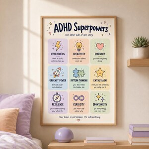 Può includere: Un poster da parete incorniciato intitolato ADHD Superpowers, the other side of the story. Presenta nove quadrati color pastello con icone e testo che descrivono tratti: iperfocus, creatività, empatia, urgenza, pensiero a schemi, entusiasmo, resilienza, curiosità e spontaneità. Il testo in basso recita: Your brain is not broken. It's extraordinary.
