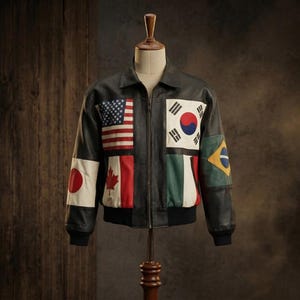 メンズパッチワークレザーボンバージャケット – ヴィンテージスタイル国際国旗デザイン