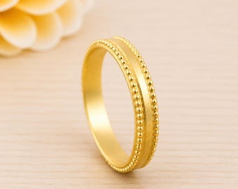 Gold Tone Brass Engraved Ring, Textured Beaded Border, Minimalist Jewelry